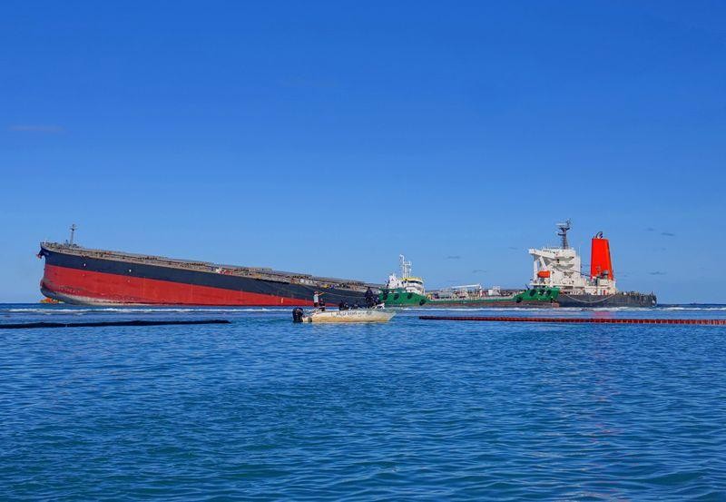 A general view shows the bulk carrier ship MV Wakashio, belonging to a Japanese company but Panamanian-flagged, ran aground on a reef, at the Riviere des Creoles, Mauritius August 13, 2020. (REUTERS Photo)
